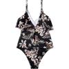 imageSUUKSESS Women Slimming Ruffle One Piece Swimsuits Ruched Tummy Control Bathing Suits1 Black Floral Printed