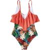 imageSUUKSESS Women Slimming Ruffle One Piece Swimsuits Ruched Tummy Control Bathing Suits1 Coral Pink Leaf
