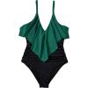 imageSUUKSESS Women Slimming Ruffle One Piece Swimsuits Ruched Tummy Control Bathing Suits1 Deep Green Black