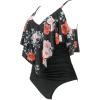 imageSUUKSESS Women Slimming Ruffle One Piece Swimsuits Ruched Tummy Control Bathing Suits1 Vintage Floral Black
