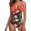 imageSUUKSESS Women One Piece Swimsuit Tummy Control V Neck Crisscross Back Bathing Suit67 Coral Pink Floral