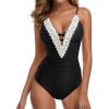 imageSUUKSESS Women Sexy Lace V Neck One Piece Swimsuit Tummy Control Bathing Suit64 Black