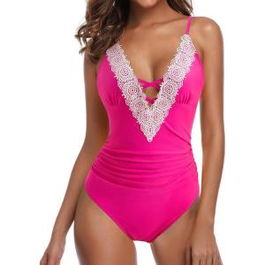 imageSUUKSESS Women Sexy Lace V Neck One Piece Swimsuit Tummy Control Bathing Suit64 Hot Pink
