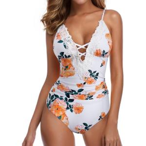 imageSUUKSESS Women Sexy Lace V Neck One Piece Swimsuit Tummy Control Bathing Suit64 White Floral