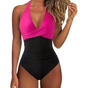 imageSUUKSESS Women Sexy Tummy Control One Piece Swimsuits Halter Push Up Bathing Suits1 Hot Pink Black