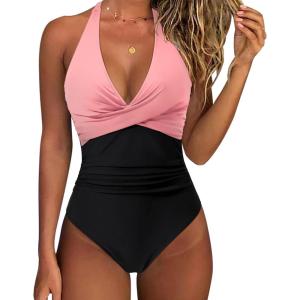 imageSUUKSESS Women Sexy Tummy Control One Piece Swimsuits Halter Push Up Bathing Suits1 Pink Black