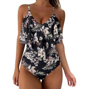imageSUUKSESS Women Slimming Ruffle One Piece Swimsuits Ruched Tummy Control Bathing Suits1 Black Floral Printed