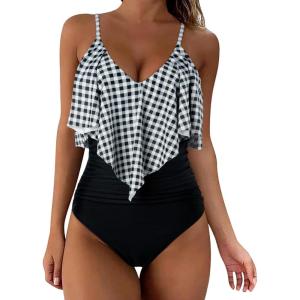 imageSUUKSESS Women Slimming Ruffle One Piece Swimsuits Ruched Tummy Control Bathing Suits1 Black Gingham