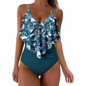 imageSUUKSESS Women Slimming Ruffle One Piece Swimsuits Ruched Tummy Control Bathing Suits1 Blue Floral
