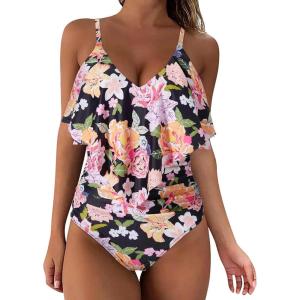 imageSUUKSESS Women Slimming Ruffle One Piece Swimsuits Ruched Tummy Control Bathing Suits1 Colorful Floral Black