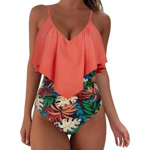 imageSUUKSESS Women Slimming Ruffle One Piece Swimsuits Ruched Tummy Control Bathing Suits1 Coral Pink Leaf