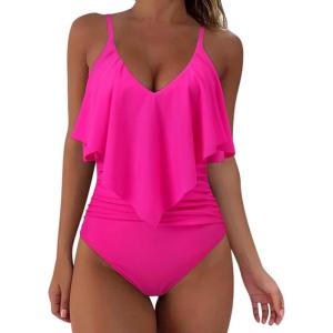imageSUUKSESS Women Slimming Ruffle One Piece Swimsuits Ruched Tummy Control Bathing Suits1 Hot Pink