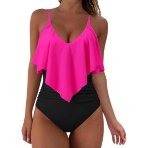 imageSUUKSESS Women Slimming Ruffle One Piece Swimsuits Ruched Tummy Control Bathing Suits1 Hot Pink Black