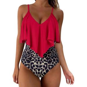 imageSUUKSESS Women Slimming Ruffle One Piece Swimsuits Ruched Tummy Control Bathing Suits1 Red Leopard