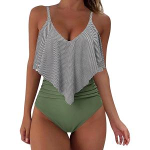 imageSUUKSESS Women Slimming Ruffle One Piece Swimsuits Ruched Tummy Control Bathing Suits1 Striped Army Green