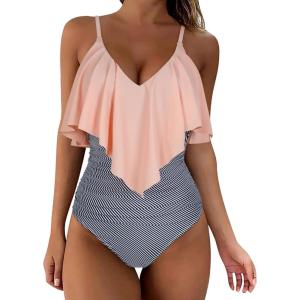 imageSUUKSESS Women Slimming Ruffle One Piece Swimsuits Ruched Tummy Control Bathing Suits1 Striped Pink