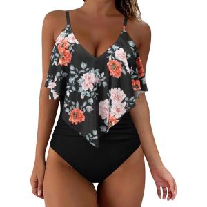 imageSUUKSESS Women Slimming Ruffle One Piece Swimsuits Ruched Tummy Control Bathing Suits1 Vintage Floral Black