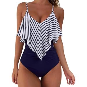 imageSUUKSESS Women Slimming Ruffle One Piece Swimsuits Ruched Tummy Control Bathing Suits1 White Blue Striped