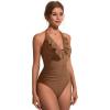 imageSUUKSESS Women Sexy Halter One Piece Swimsuits Ruffle Tummy Control Bathing Suit1 Brown