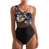 imageSUUKSESS Women Mesh One Shoulder One Piece Swimsuit Tummy Control Bathing Suit88 Tropical Floral Black