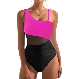 imageSUUKSESS Women Mesh One Shoulder One Piece Swimsuit Tummy Control Bathing Suit88 Hot Pink Black