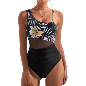 imageSUUKSESS Women Mesh One Shoulder One Piece Swimsuit Tummy Control Bathing Suit88 Tropical Floral Black