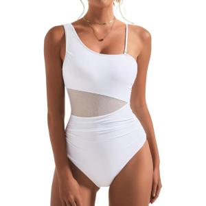 imageSUUKSESS Women Mesh One Shoulder One Piece Swimsuit Tummy Control Bathing Suit88 White