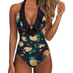 imageSUUKSESS Women Sexy Halter One Piece Swimsuits Ruffle Tummy Control Bathing Suit1 Black Floral