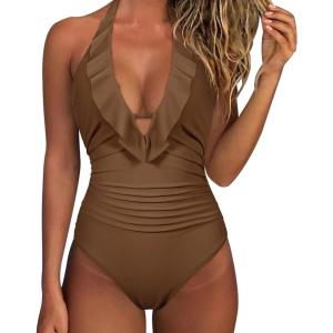 imageSUUKSESS Women Sexy Halter One Piece Swimsuits Ruffle Tummy Control Bathing Suit1 Brown