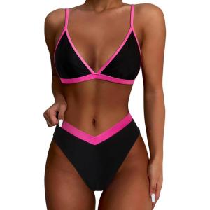 imageSUUKSESS Women Triangle High Cut Bikini Sets Sexy High Waisted 2 Piece Swimsuit57 Black Pink
