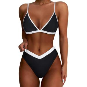 imageSUUKSESS Women Triangle High Cut Bikini Sets Sexy High Waisted 2 Piece Swimsuit57 Black White