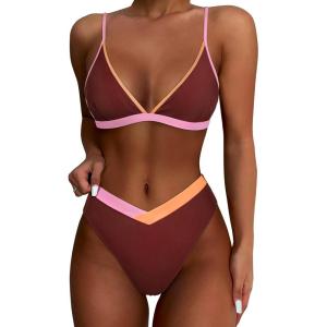imageSUUKSESS Women Triangle High Cut Bikini Sets Sexy High Waisted 2 Piece Swimsuit57 Brown Color Block