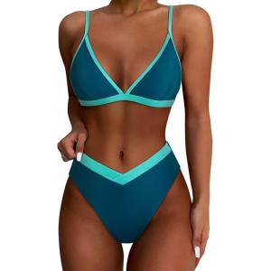 imageSUUKSESS Women Triangle High Cut Bikini Sets Sexy High Waisted 2 Piece Swimsuit57 Green Blue