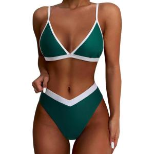 imageSUUKSESS Women Triangle High Cut Bikini Sets Sexy High Waisted 2 Piece Swimsuit57 Green White