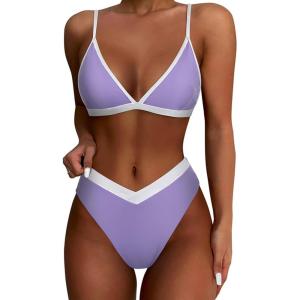 imageSUUKSESS Women Triangle High Cut Bikini Sets Sexy High Waisted 2 Piece Swimsuit57 Purple White