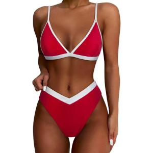 imageSUUKSESS Women Triangle High Cut Bikini Sets Sexy High Waisted 2 Piece Swimsuit57 Red White