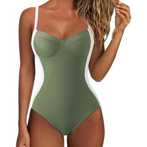 imageSUUKSESS Women Tummy Control One Piece Swimsuit Sexy Crisscross Back Bathing SuitGreen White