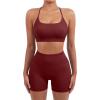 imageSUUKSESS Women Seamless Workout Sets Strappy Sports Bra High Waist Booty Shorts Outfits1 Wine Red