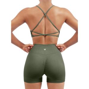 imageSUUKSESS Women Seamless Workout Sets Strappy Sports Bra High Waist Booty Shorts Outfits1 Army Green
