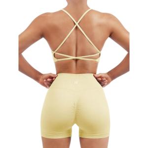 imageSUUKSESS Women Seamless Workout Sets Strappy Sports Bra High Waist Booty Shorts Outfits1 Pale Yellow