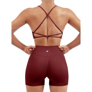 imageSUUKSESS Women Seamless Workout Sets Strappy Sports Bra High Waist Booty Shorts Outfits1 Wine Red