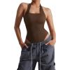 imageSUUKSESS Women Ribbed Bodysuit Sexy Halter Square Neck Sleeveless Padded Tank Top01 Brown