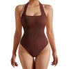 imageSUUKSESS Women Ribbed Bodysuit Sexy Halter Square Neck Sleeveless Padded Tank Top01 Brown