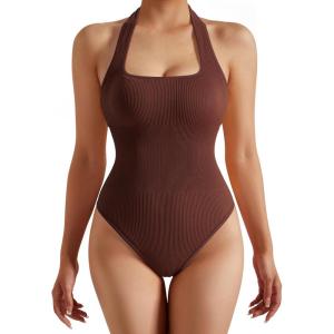 imageSUUKSESS Women Ribbed Bodysuit Sexy Halter Square Neck Sleeveless Padded Tank Top01 Brown