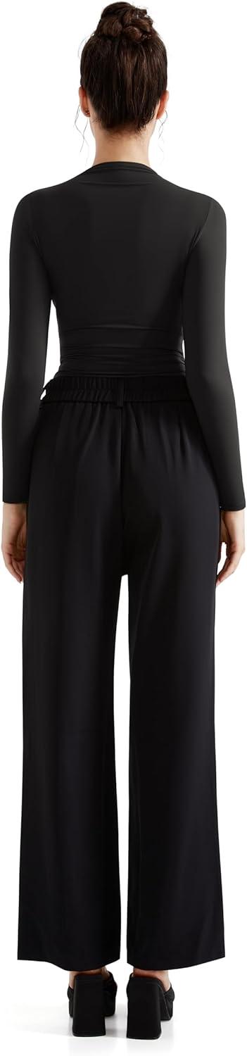 imageSUUKSESS Women Business Casual Long Sleeve Tops Double Lined Basic T ShirtsBlack
