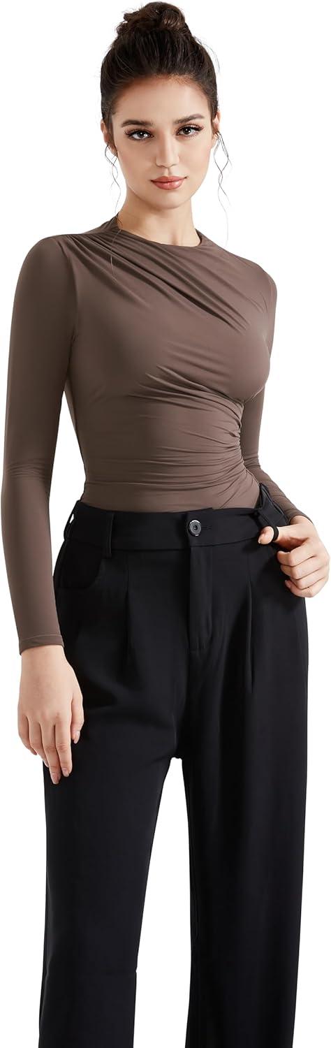 imageSUUKSESS Women Business Casual Long Sleeve Tops Double Lined Basic T ShirtsBrown