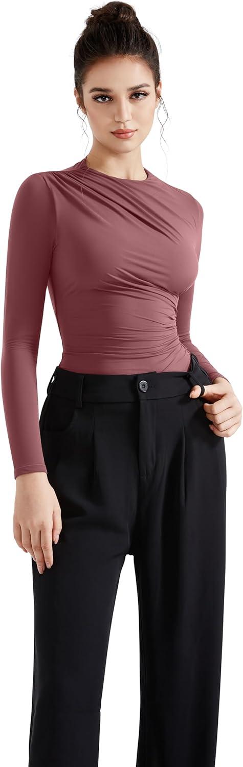 imageSUUKSESS Women Business Casual Long Sleeve Tops Double Lined Basic T ShirtsMarsala