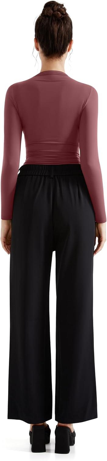 imageSUUKSESS Women Business Casual Long Sleeve Tops Double Lined Basic T ShirtsMarsala