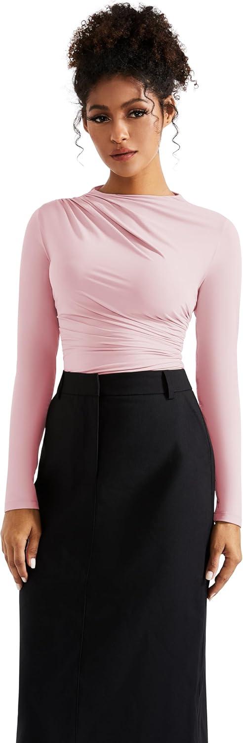imageSUUKSESS Women Business Casual Long Sleeve Tops Double Lined Basic T ShirtsPink