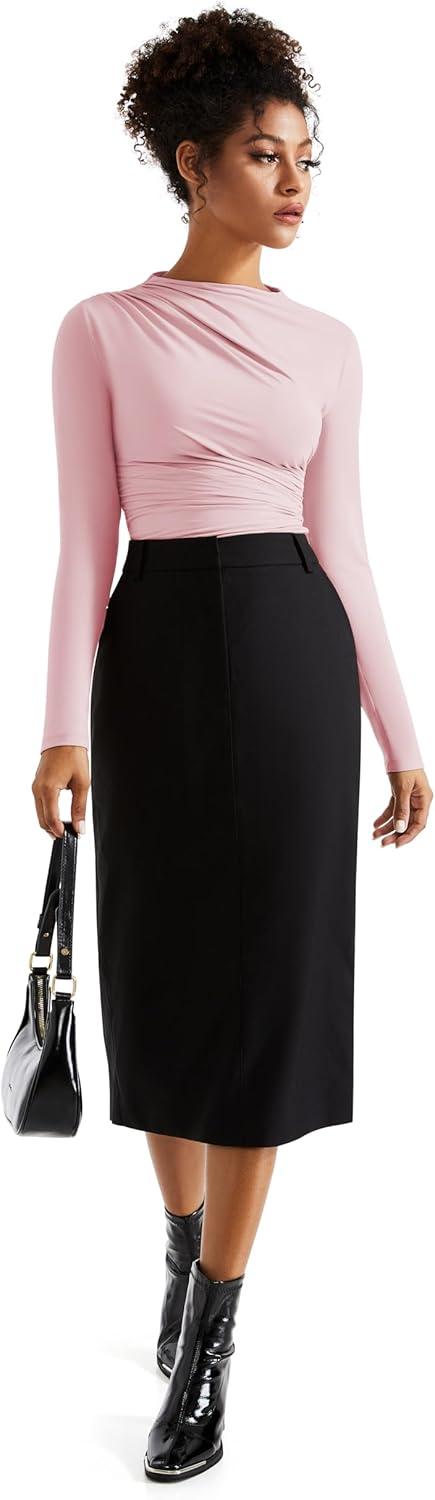 imageSUUKSESS Women Business Casual Long Sleeve Tops Double Lined Basic T ShirtsPink